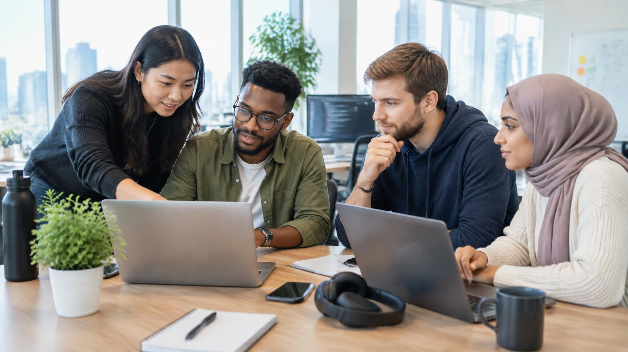 Team of developers working together at laptops in a modern office